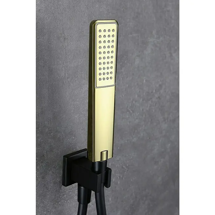 Imex Suecia Sistema de ducha empotrado - Con grifo monomando, Negro/Dorado - Rociador de ducha dorado con soporte negro montado en pared gris. Diseño elegante para baños contemporáneos.