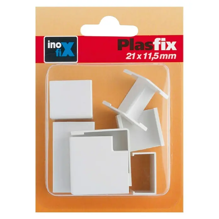 Inofix Plasfix Kit de accesorios para canaleta - Blanco, An x Al: 2,1 x 1,15 cm, 7 ud. - Un paquete de piezas terminales de conducto de cable Plastifix blanco en varias formas y tamaños, empaquetado en un recipiente de plástico transparente.