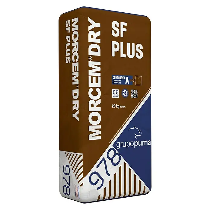 Grupo Puma Mortero de impermeabilización Morcem Dry SF Plus - Masa neta: 20 kg, 1 mm - Imagen de un saco de mortero de cemento MORCEM DRY SF PLUS, un producto de construcción de alta calidad para diversas aplicaciones.