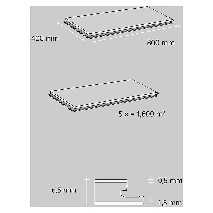 b!design Vinylboden SPC - Avelino, Fliese, 800 x 400 x 6,5 mm - Illustration von Paneelen mit den Maßen 400 mm x 800 mm und technischen Details zu den Verbindungsstücken.