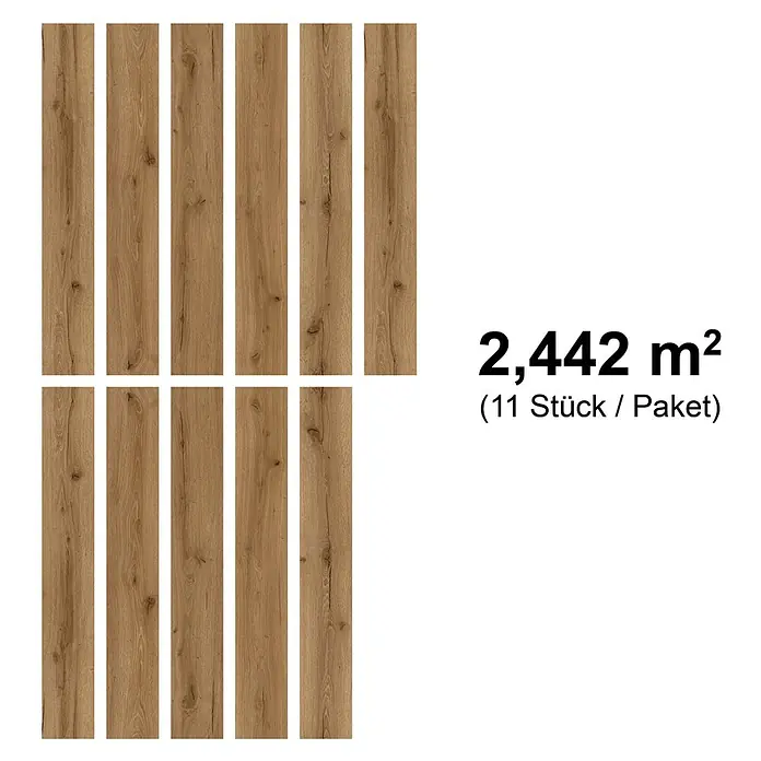 Vinylboden SPC - Eiche Tobacco, Landhausdiele, 1.220 x 182 x 3,5 mm - Abbildung von 11 Holzpaneelen, die 2,442 m² Fläche abdecken. Verpackt als ein Paket.