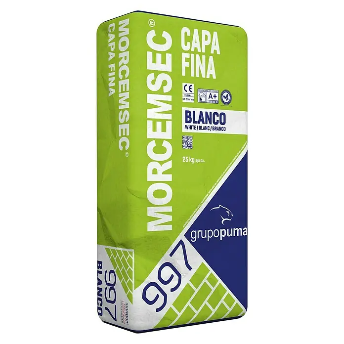 Grupo Puma Mortero de cemento Morcemsec - 25 kg, Espesor de capa: 1 mm - 10 mm - Imagen de un saco de Morcemsec Capa Fina 997 Blanco, un mortero fino blanco para la construcción.