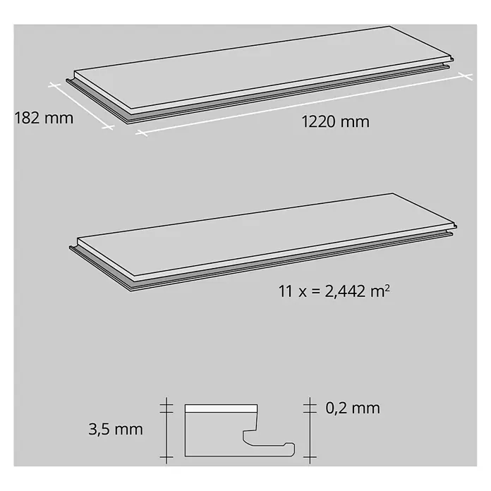 Vinylboden SPC - Eiche Tobacco, Landhausdiele, 1.220 x 182 x 3,5 mm - Abbildung eines Laminatbodens mit Maßangaben zu Länge (1220 mm), Breite (182 mm) und Dicke (3,5 mm). Flächenangabe für 11 Paneele.