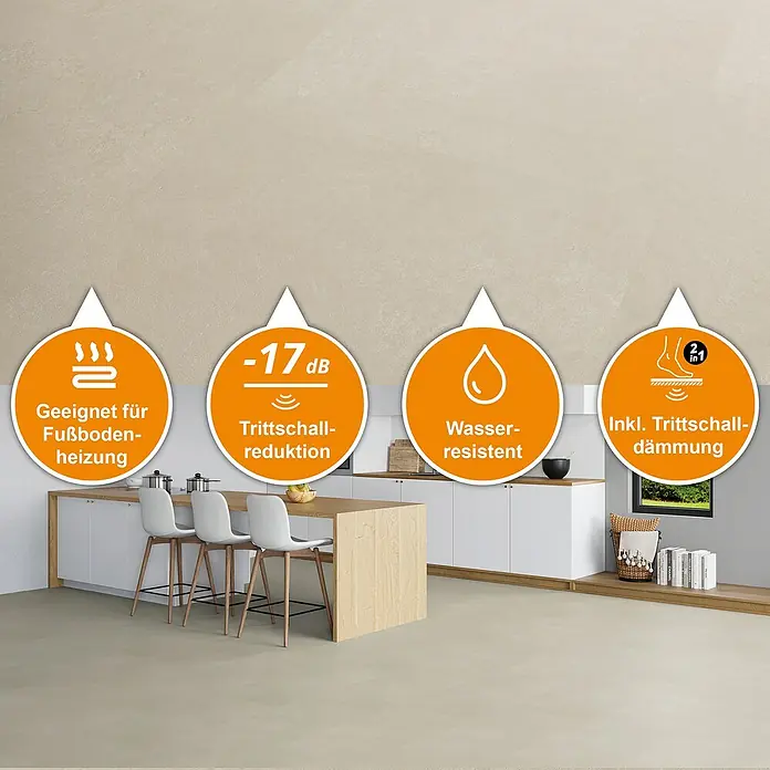 b!design Vinylbodenmuster - Avelino, 280 x 160 x 5 mm, Fliesenoptik - Bodenbelag-Vorteile: Fußbodenheizungsgeeignet, -17dB Trittschallreduktion, wasserabweisend & Trittschalldämmung.