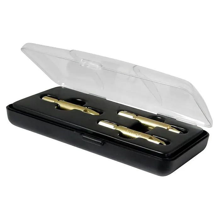Juego de extractores de tornillos - 3 pzs. - Primer plano de una caja de plástico negra abierta que muestra puntas de destornillador doradas, visibles bajo su tapa transparente.