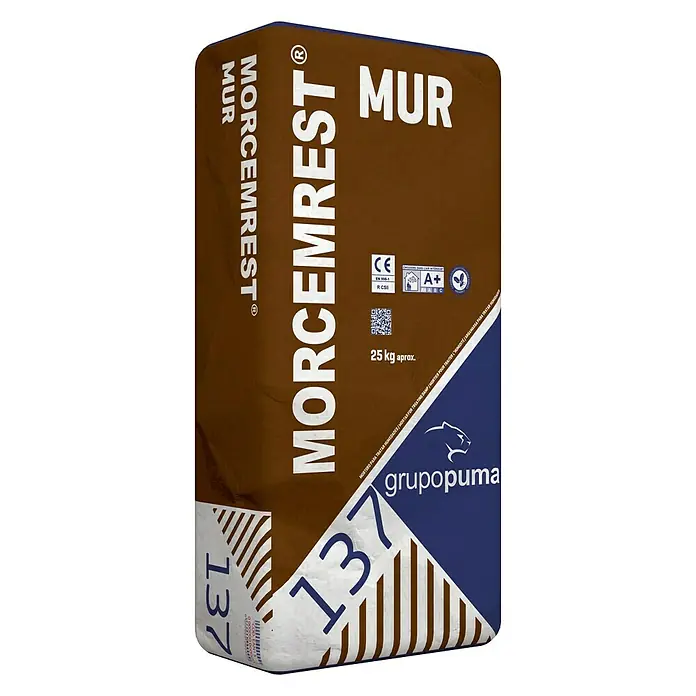 Grupo Puma Mortero de reparación MorcemRest Mur - Masa neta: 25 kg - Imagen de un saco de mortero MORCEMREST® MUR 137, ideal para la construcción. Alta calidad y fácil de usar.