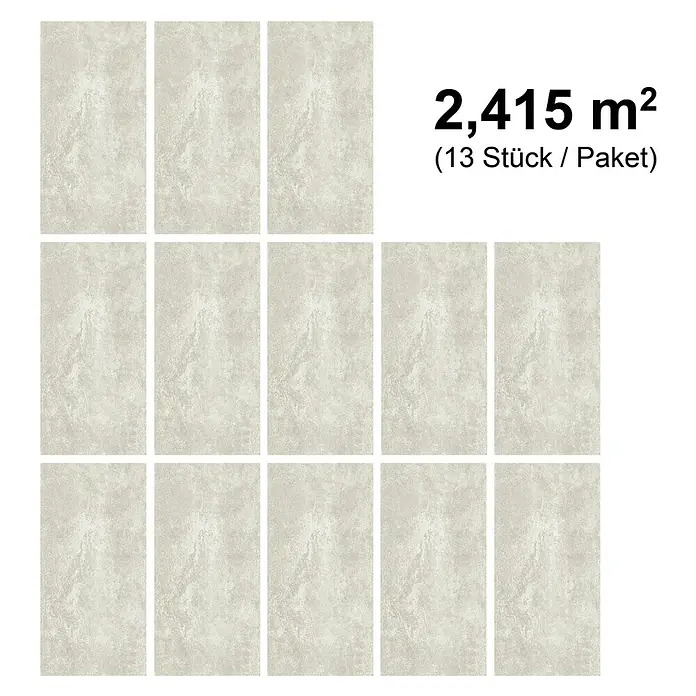 b!design Vinylboden SPC - Hellas, Fliese, 609,6 x 304,8 x 3,8 mm - Abbildung von 13 hellgrauen Fliesen, die eine Fläche von 2,415 m² abdecken. Perfekt für moderne Innenräume mit neutraler Farbpalette.
