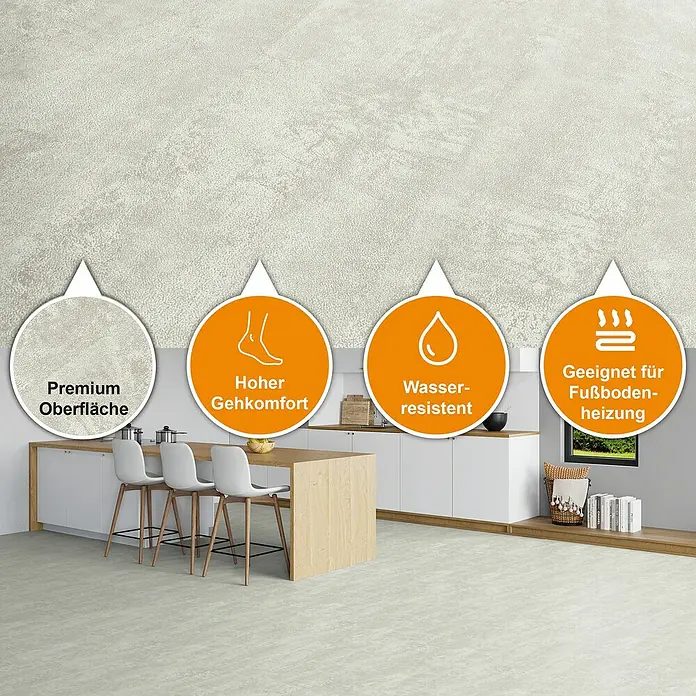 b!design Vinylboden SPC - Hellas, Fliese, 609,6 x 304,8 x 3,8 mm - Das Bild zeigt einen Bodenbelag mit Premium Oberfläche, hohem Gehkomfort, Wasserresistenz und Eignung für Fußbodenheizung.