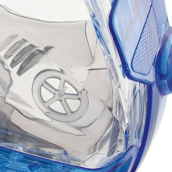 Seac Sub Máscara de Snorkel Fun Junior - XS/S, Plástico, Azul/Naranja - Primer plano de una máscara de snorkel azul transparente que destaca las características del diseño y la calidad del material.