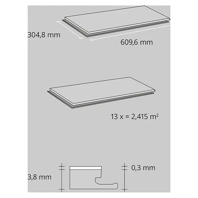b!design Vinylboden SPC - Hellas, Fliese, 609,6 x 304,8 x 3,8 mm - Abbildung eines Paneels mit Maßangaben zu Länge, Breite und Dicke, sowie Informationen zur benötigten Menge pro Quadratmeter.