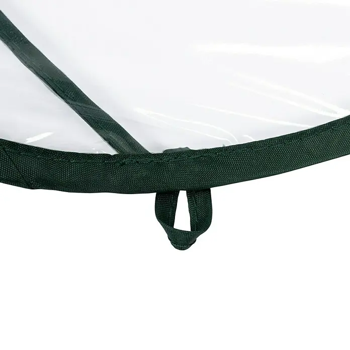 Windhager Hochbeet-Abdeckung Pop Up - L x B x H: 950 x 950 x 500 mm, Transparent/Grün - Nahaufnahme einer transparenten, grünen Abdeckung mit Schlaufe, die ein praktisches Zubehör zum Schutz von Gegenständen darstellt.
