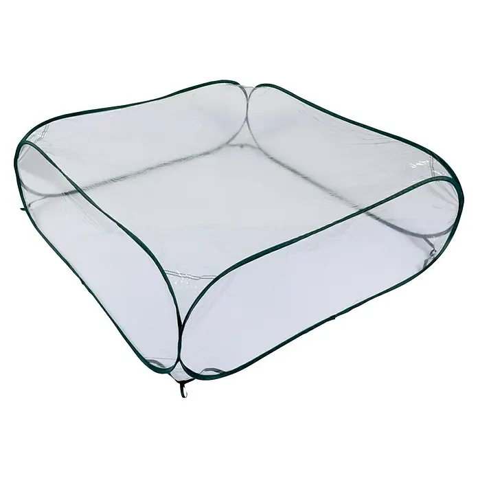Windhager Hochbeet-Abdeckung Pop up Cube - L x B x H: 95 x 95 x 30 cm, Transparent/Grün, Kunststoff - Das Bild zeigt ein Gewächshaus für den Garten, das eine praktische Lösung für den Anbau von Pflanzen und Gemüse bietet.