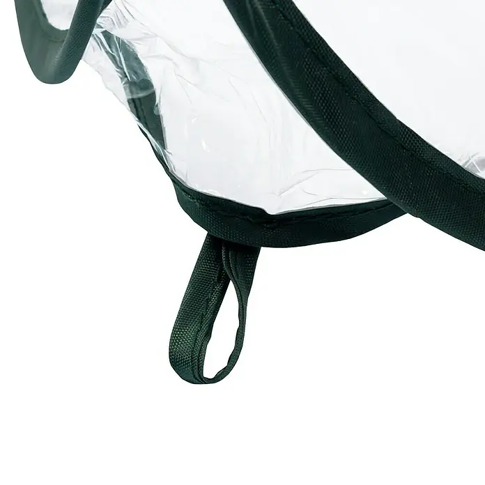 Windhager Hochbeet-Abdeckung Pop up Cube - L x B x H: 95 x 95 x 30 cm, Transparent/Grün, Kunststoff - Nahaufnahme der transparenten Regenhülle mit schwarzem Rand und Schlaufe, die das Produkt und sein wetterfestes Design hervorhebt.