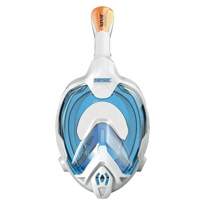 Seac Sub Máscara de Snorkel Fun Junior - XS/S, Plástico, Azul/Blanco - Vista frontal de una máscara de snorkel SEAC blanca y azul con un accesorio de snorkel naranja.