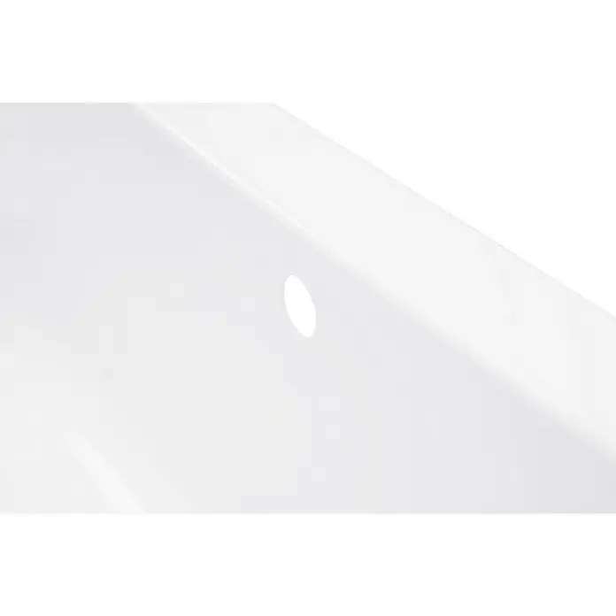 Calmwaters Badewanne Modern Curved - Sanitäracryl, Weiß - Nahaufnahme einer weißen Badewanne mit einem kreisförmigen Abflussloch, das die schlichte und moderne Gestaltung des Produkts hervorhebt.