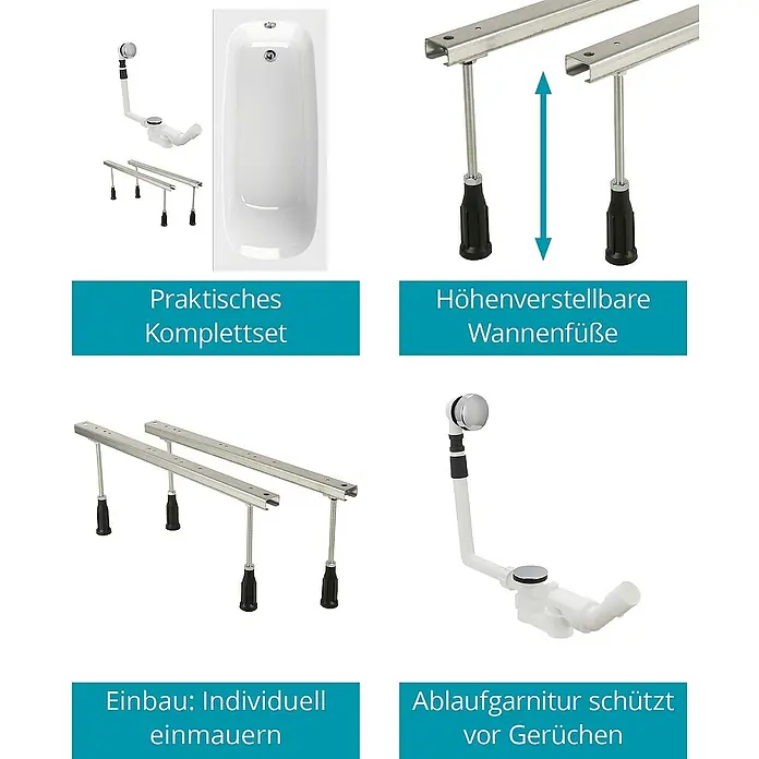 Calmwaters Badewanne Original - Sanitäracryl, Weiß - Badewannen-Komplettset: Inklusive Ablaufgarnitur, höhenverstellbaren Füßen und Montageset für den individuellen Einbau. Praktisch und vollständig.