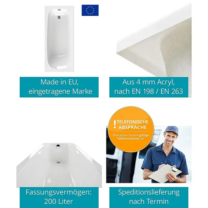 Calmwaters Badewanne Original - Sanitäracryl, Weiß - Produktdarstellung einer Badewanne mit Details zu Herstellung, Materialbeschaffenheit, Fassungsvermögen und Lieferbedingungen.