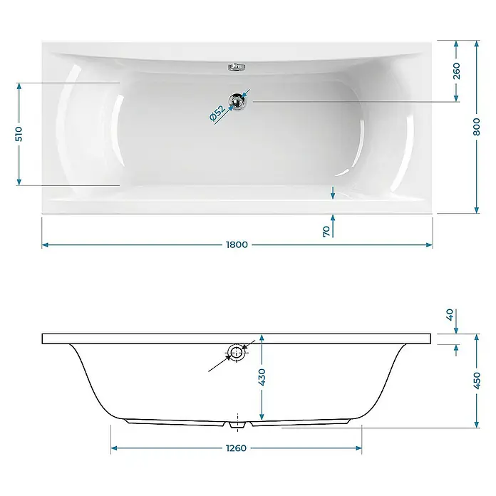 Calmwaters Badewanne Modern Curved - Sanitäracryl, Weiß - Technische Zeichnung einer Badewanne mit Maßangaben, die die Abmessungen und Details des Produkts hervorheben.