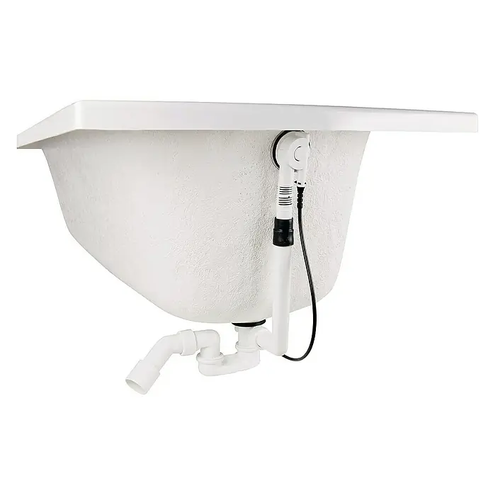 Calmwaters Badewanne Original - Sanitäracryl, Weiß - Detailaufnahme einer Badewanne, die die Sanitärinstallationen und das Abflussrohrsystem unterhalb der Wanne zeigt.