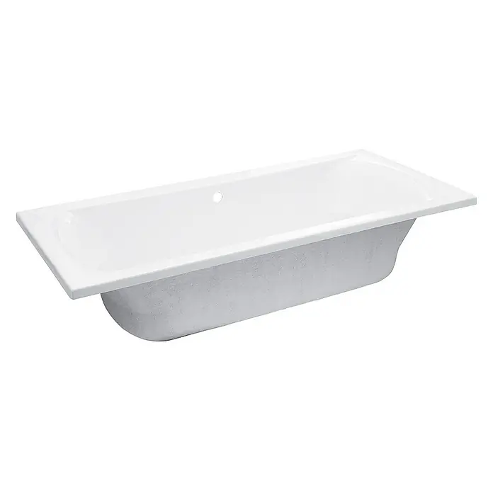 Calmwaters Badewanne Modern Curved - Sanitäracryl, Weiß - Das Bild zeigt eine rechteckige, weisse Badewanne mit abgerundeten Kanten und einem Hahnloch, die sich ideal für entspannende Bäder eignet.