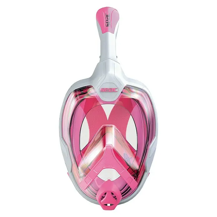 Seac Sub Máscara de Snorkel Magica - S/M, Plástico, Rosa - Primer plano de una máscara de snorkel facial completa SEAC Unica rosa, con visor transparente y tubo integrado.