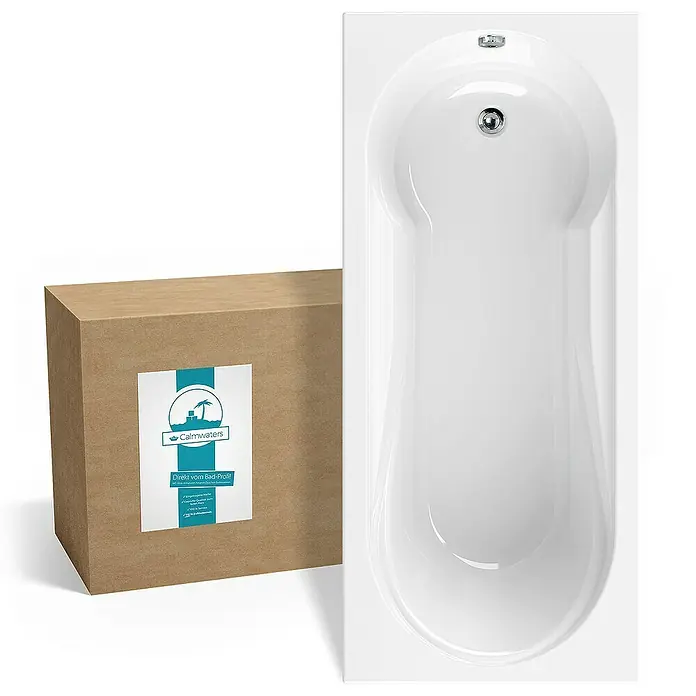 Calmwaters Badewanne Modern Small 2 - Sanitäracryl, Weiß - Ein weißes Badewannen-Set, bestehend aus einer modernen Badewanne und einer verpackten Lieferung.