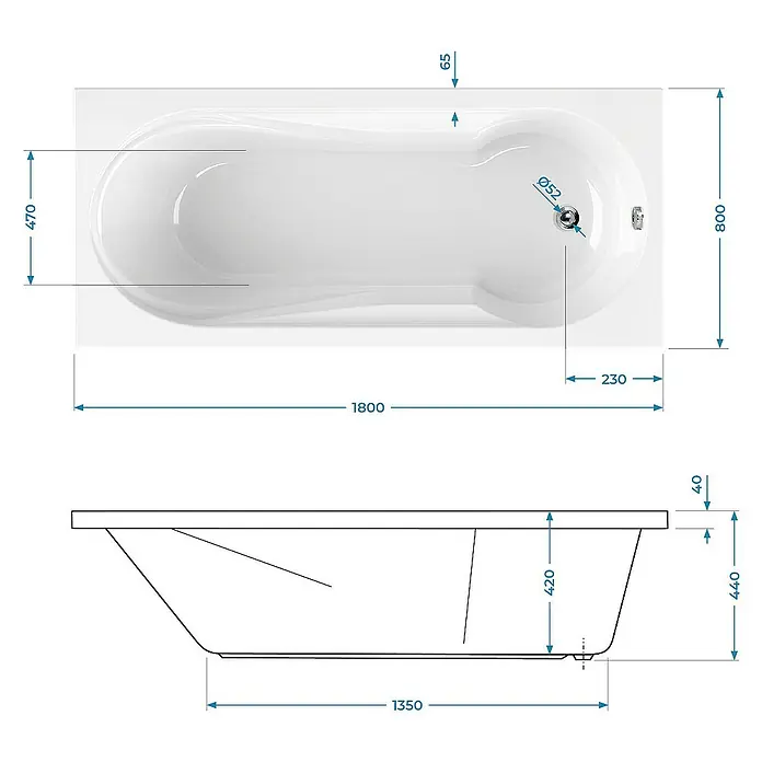 Calmwaters Badewanne Modern Small 2 - Sanitäracryl, Weiß - Produktbild einer Badewanne mit detaillierten Maßangaben für Installation und Design, ideal für Badplanung.