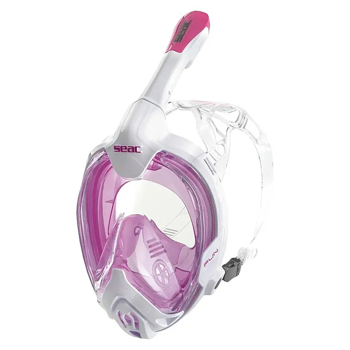 Seac Sub Máscara de Snorkel Fun Junior - XS/S, Plástico, Rosa - Primer plano de una máscara de snorkel SEAC FUN en blanco y rosa, ideal para aventuras submarinas y uso recreativo.