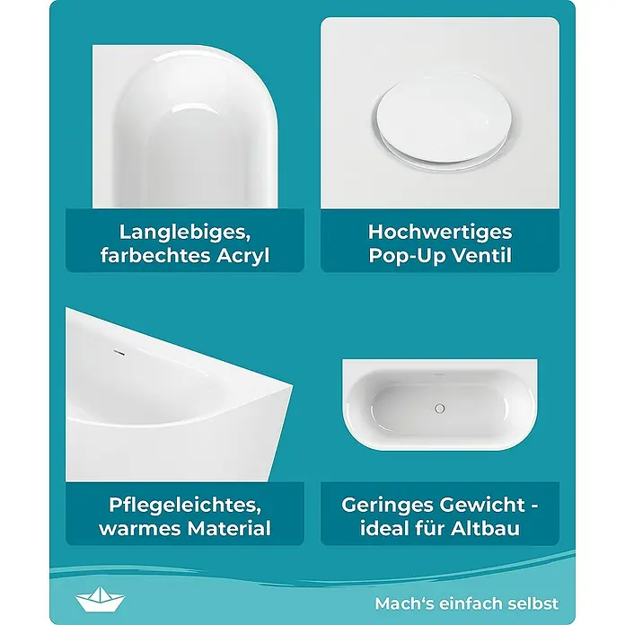 Calmwaters Freistehende Badewanne Seamless Comfort - L x B: 160 x 75 cm, Sanitäracryl, Weiß - Langlebiges, farbechtes Acryl, hochwertiges Pop-Up-Ventil, pflegeleichtes, warmes Material und geringes Gewicht der Badewanne.