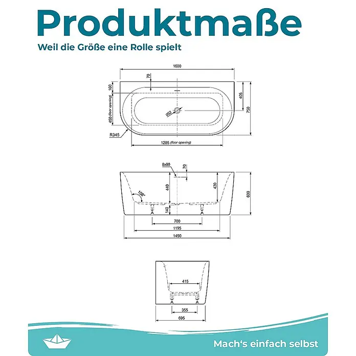 Calmwaters Freistehende Badewanne Seamless Comfort - L x B: 160 x 75 cm, Sanitäracryl, Weiß - Produktskizze einer Badewanne mit Maßen, einschließlich Länge, Breite und Höhe, sowie Details zu Bodenöffnung und Winkel.