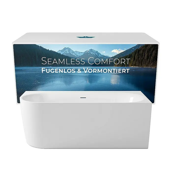 Calmwaters Freistehende Badewanne Seamless Comfort - Sanitäracryl, Weiß - Freistehende Badewanne in Weiß vor einer dekorativen Kulisse mit Berg- und Seemotiv.
