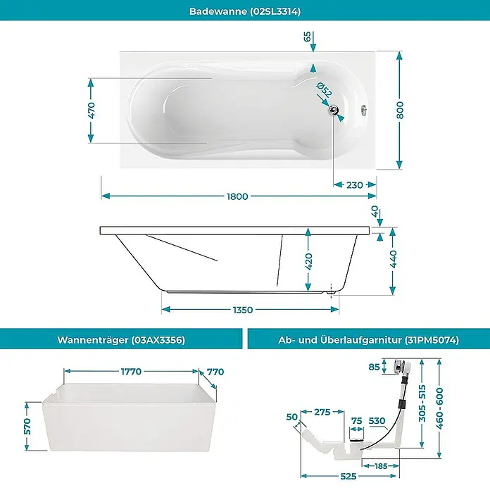 Calmwaters Badewanne Modern Small 2 - Sanitäracryl, Weiß - Schemazeichnung einer Badewanne (02SL3314) mit den Maßen 1800 x 800 mm, Wannenträger (03AX3356) und Ab- und Überlaufgarnitur (31PM5074).