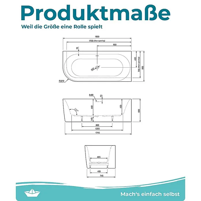 Calmwaters Freistehende Badewanne Seamless Comfort - Sanitäracryl, Weiß - Abbildung der Produktmaße einer Badewanne mit allen Maßen. Die Wanne hat eine abgerundete Ecke.