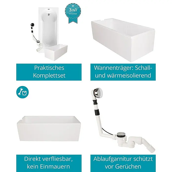 Calmwaters Badewanne Modern Small 2 - Sanitäracryl, Weiß - Komplettes Badewannen-Set mit Wannenfuß, Ablaufgarnitur und passender Badewanne für eine einfache Installation.
