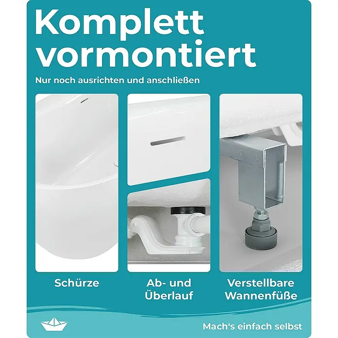 Calmwaters Freistehende Badewanne Seamless Comfort - Sanitäracryl, Weiß - Komplett vormontierte Badewanne mit Schürze, Ab- und Überlaufgarnitur sowie verstellbaren Füßen für eine einfache Installation.