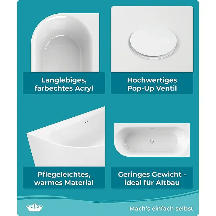 Calmwaters Freistehende Badewanne Seamless Comfort - Sanitäracryl, Weiß - Produktmerkmale einer Badewanne, einschließlich langlebigem Acryl, hochwertigem Pop-Up-Ventil, pflegeleichtem Material und geringem Gewicht.