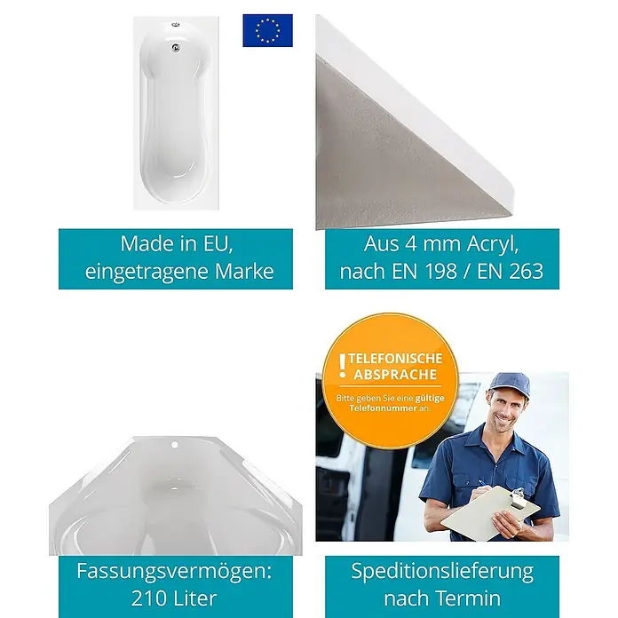 Calmwaters Badewanne Modern Small 2 - Sanitäracryl, Weiß - Produktbild einer Badewanne mit Hinweisen zu Herstellung in der EU, Material, Fassungsvermögen und Lieferung.