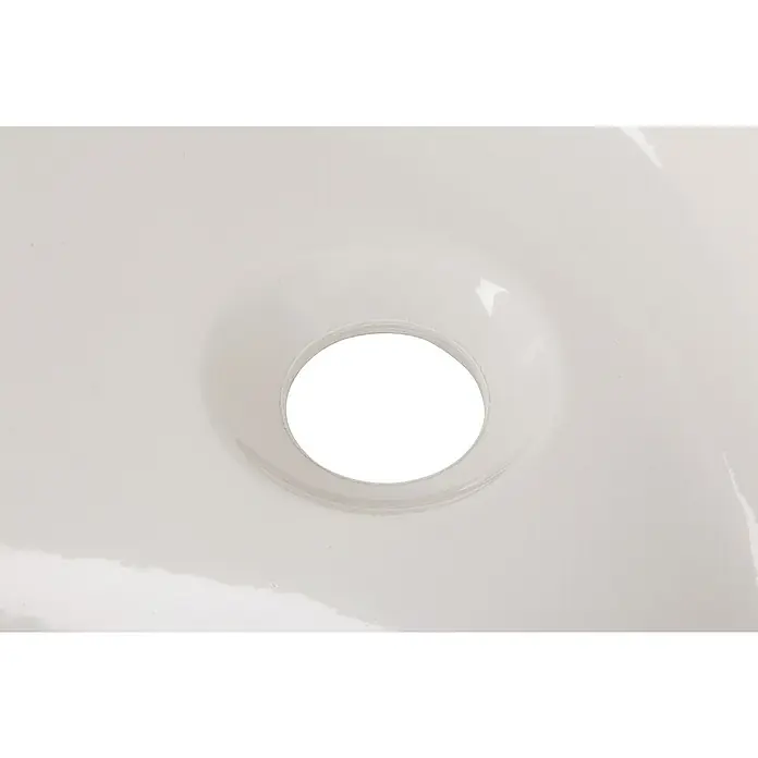 Calmwaters Badewanne Modern Small 2 - Sanitäracryl, Weiß - Nahaufnahme eines runden, weißen Waschbeckens mit einem mittigen Abflussloch, das sich durch eine klare, saubere Ästhetik auszeichnet.