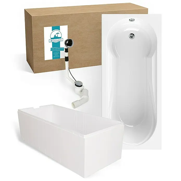 Calmwaters Badewanne Modern Small 2 - Sanitäracryl, Weiß - Produktaufnahme einer weißen Badewanne mit Zubehör und einer braunen Box.