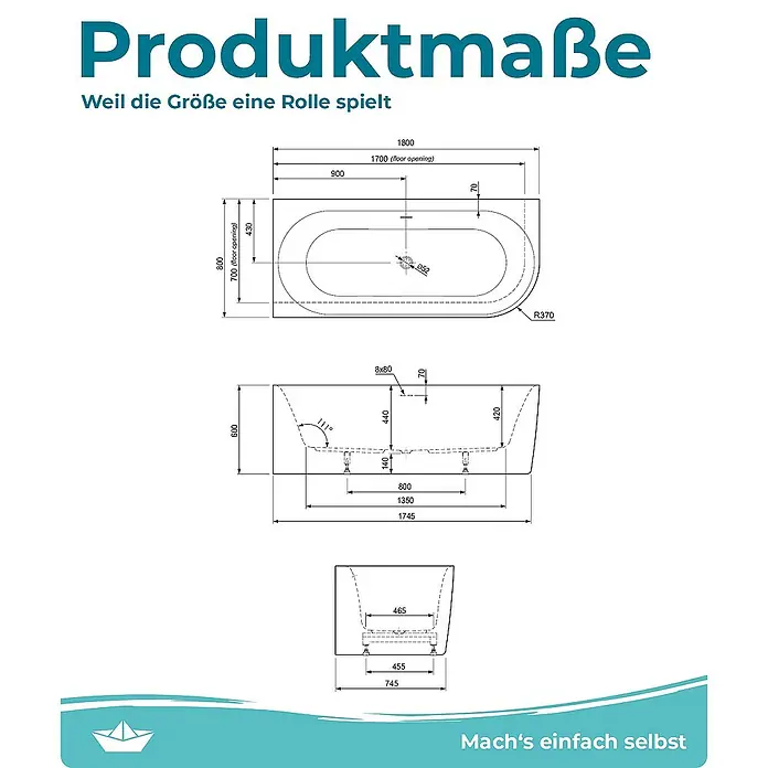 Calmwaters Freistehende Badewanne Seamless Comfort - Sanitäracryl, Weiß - Produktmaße der Badewanne: Technische Zeichnung mit Maßen, um die Größe und Form des Produkts detailliert darzustellen.