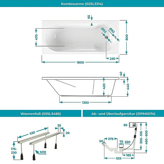 Calmwaters Badewanne Modern Small 2 - Sanitäracryl, Weiß - Abbildung einer Kombiwannen-Konstruktionszeichnung (02SL3314) mit Maßangaben für Badewanne, Ablaufgarnitur und Wannenfüße.