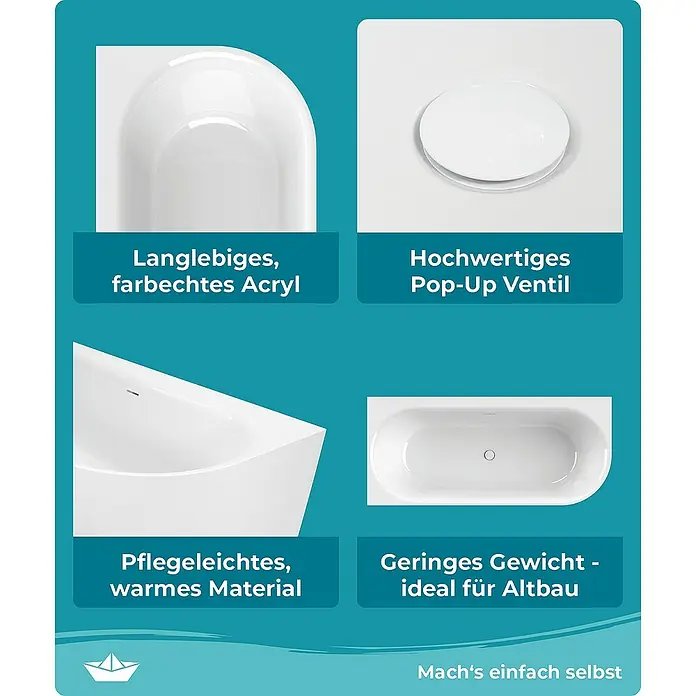 Calmwaters Freistehende Badewanne Seamless Comfort - Sanitäracryl, Weiß - Eigenschaften einer Badewanne: langlebiges Acryl, hochwertiges Pop-Up-Ventil, pflegeleichtes, warmes Material und geringes Gewicht für Altbau.
