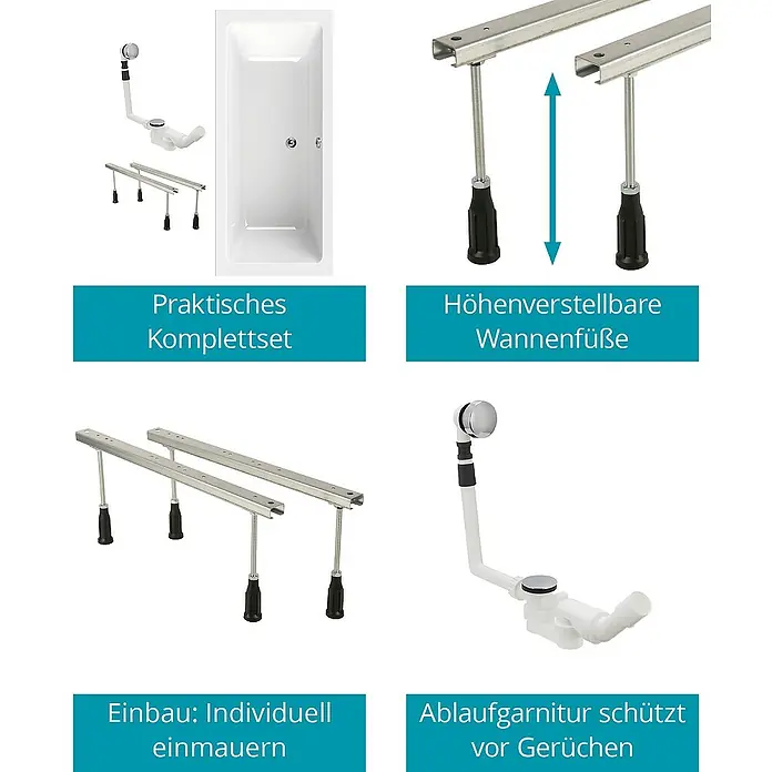 Calmwaters Badewanne Modern Select - Sanitäracryl, Weiß - Komplettes Badewannen-Set mit höhenverstellbaren Füßen und Ablaufgarnitur. Ideal für individuellen Einbau und Geruchsschutz.