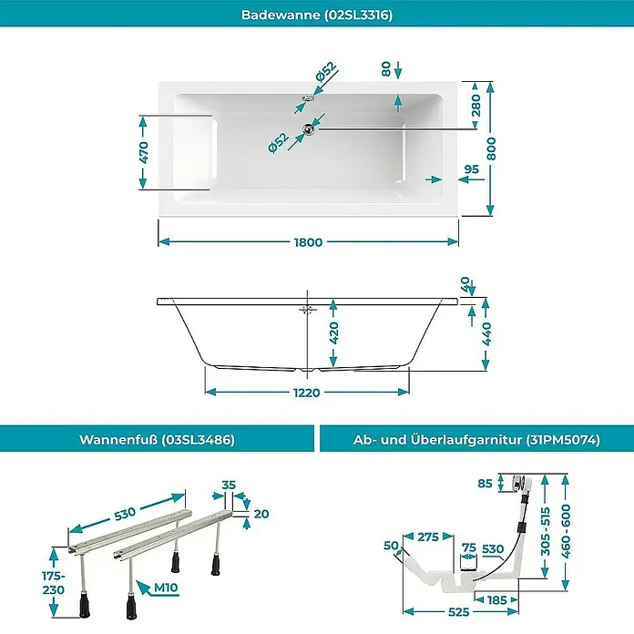 Calmwaters Badewanne Modern Select - Sanitäracryl, Weiß - Technische Zeichnung der Badewanne (02SL3316) mit Wannenfuß (03SL3486) und Ab- und Überlaufgarnitur (31PM5074) mit Maßangaben.