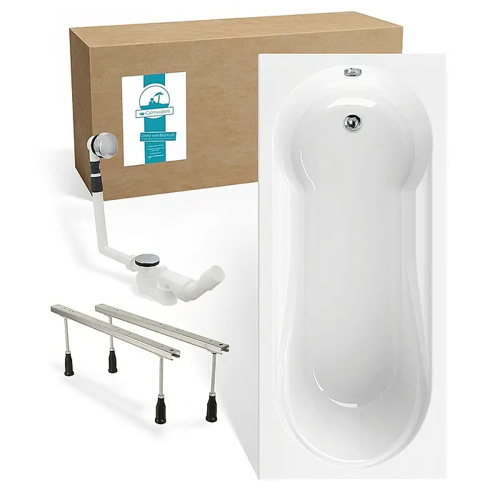 Calmwaters Badewanne Modern Small 2 - Sanitäracryl, Weiß - Produktabbildung einer weißen Badewanne mit Zubehör, verpackt in einem Karton, ideal für ein modernes Badezimmerdesign.