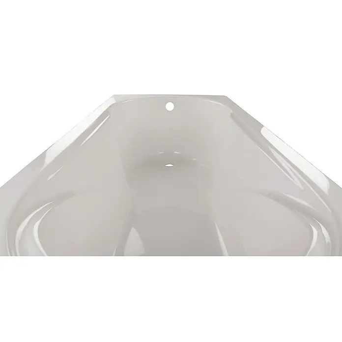 Calmwaters Badewanne Modern Small 2 - Sanitäracryl, Weiß - Detailaufnahme einer weißen Duschwanne in Dreiecksform mit zwei Abflusslöchern. Die Wanne wirkt sauber und modern.