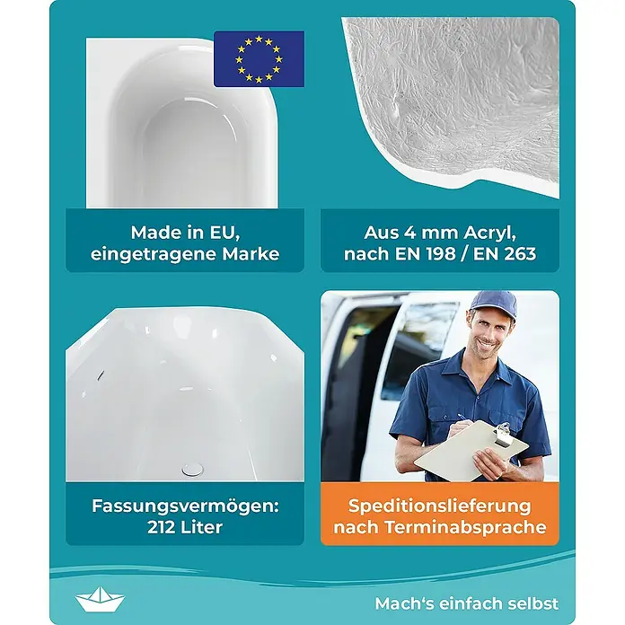 Calmwaters Freistehende Badewanne Seamless Comfort - Sanitäracryl, Weiß - Produktbild mit Hinweisen zu Herstellung in der EU, Materialstärke, Fassungsvermögen und Speditionslieferung.