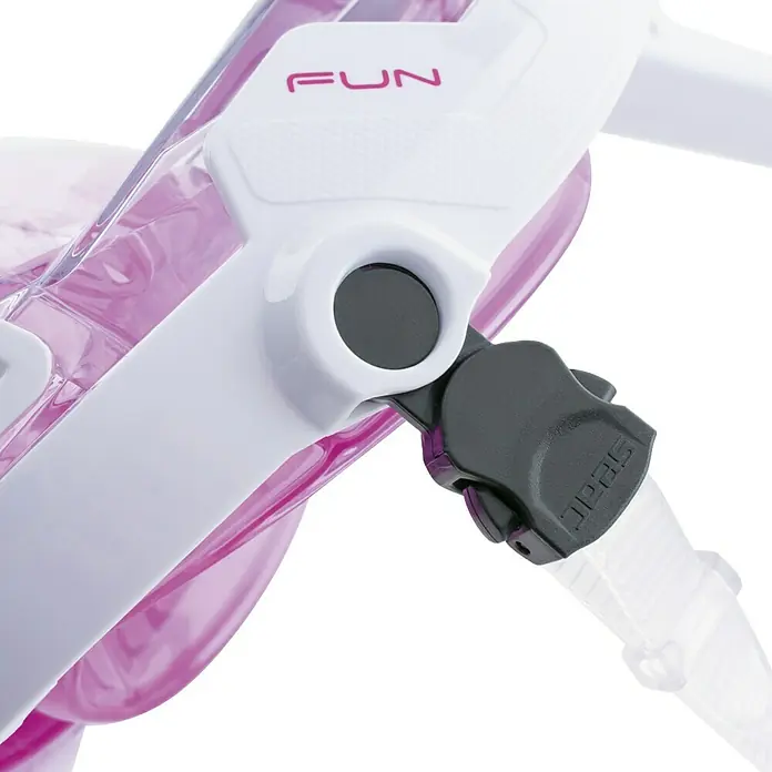 Seac Sub Máscara de Snorkel Fun Junior - XS/S, Plástico, Rosa - Primer plano de una máscara de buceo rosa con montura blanca y la palabra "FUN", centrado en la pieza de ajuste negra.
