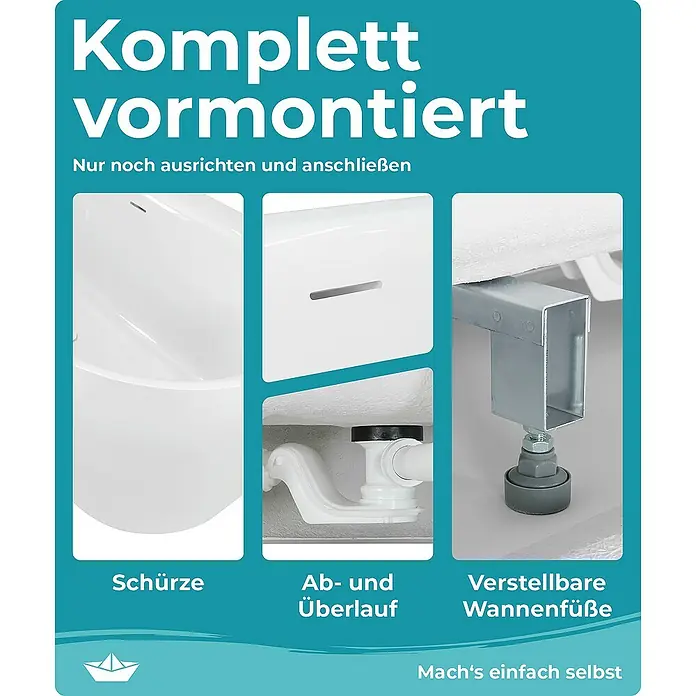 Calmwaters Freistehende Badewanne Seamless Comfort - Sanitäracryl, Weiß - Komplett vormontierte Badewanne mit Schürze, Ab- und Überlauf sowie verstellbaren Wannenfüßen für eine einfache Installation.