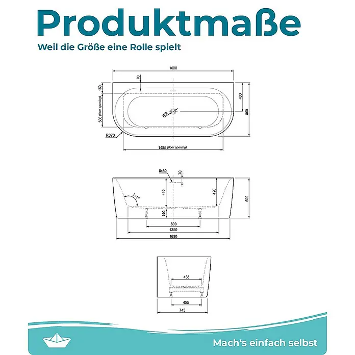 Calmwaters Freistehende Badewanne Seamless Comfort - L x B: 180 x 80 cm, Sanitäracryl, Weiß - Produktmaße der Badewanne mit allen Maßen für Länge, Breite und Höhe, um die richtigen Produktabmessungen zu gewährleisten.